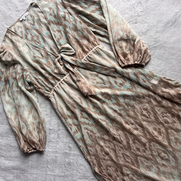 blue island Dresses & Skirts - Blue Island Metallic Ikat Sheer Maxi Tie Swim Cover Dress Seafoam Aqua Taupe S